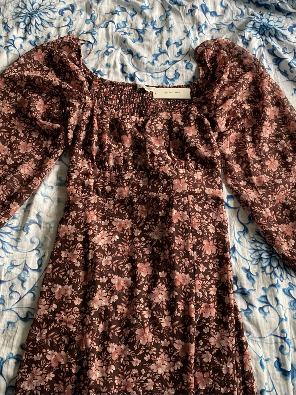 Francesca's Brown and Mauve Smocked Tie Backless Floral Dress Size L, NWT!